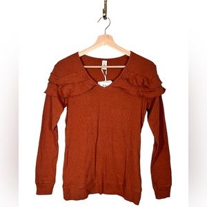 Kate Quinn Women’s Size Small Long Sleeve V-neck Ruffle Top Rust Melange Rib